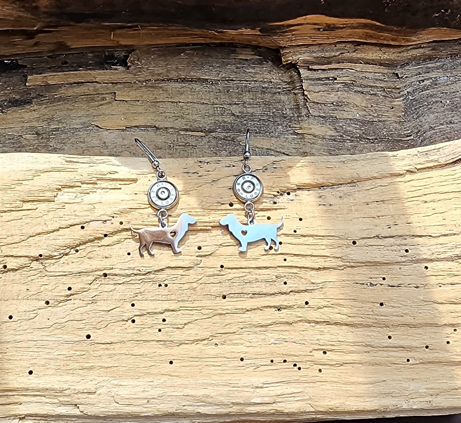 Stainless Steel Bullet Earrings with Dachshund Charms. Optional Crystals.