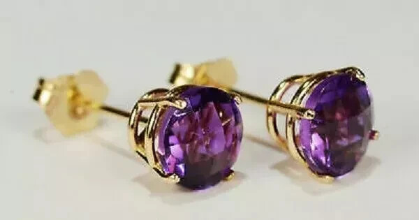 2Ct Round Cut Amethyst Solitaire Push Back Stud Earrings 14K Yellow Gold Finish