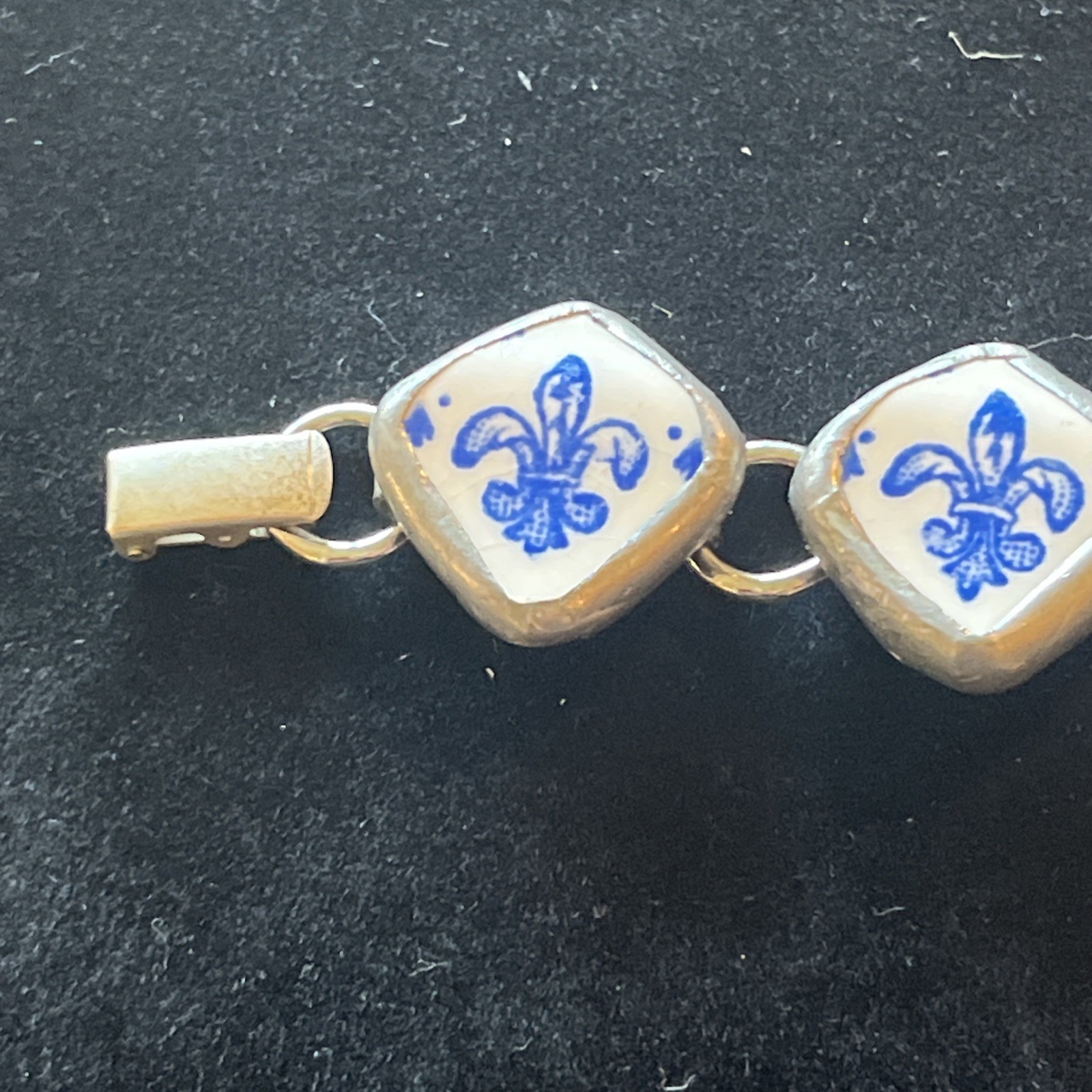 Vtg Spode Fleur De Lis Copeland Bracelet Sterling Silver Ceramic Blue White Rare