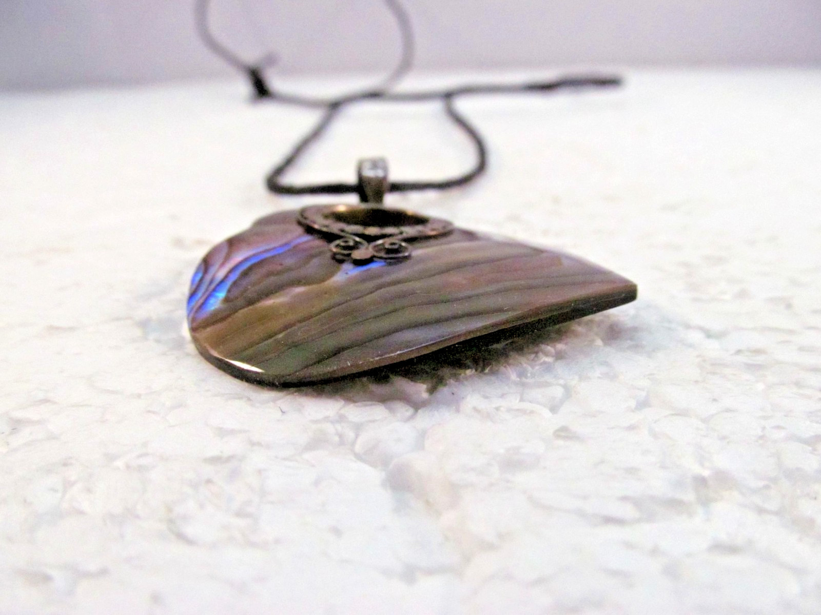 Abalone Heart Shell Sterling Silver Pendant Necklace on Adjustable Cotton Cord