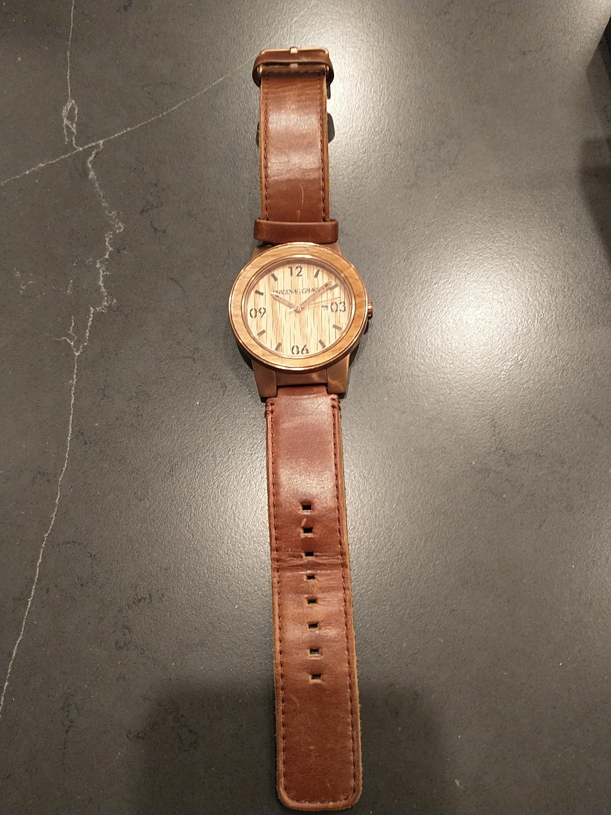Original Grain The Barrel Whiskey Wood Leather Band Mens Watch