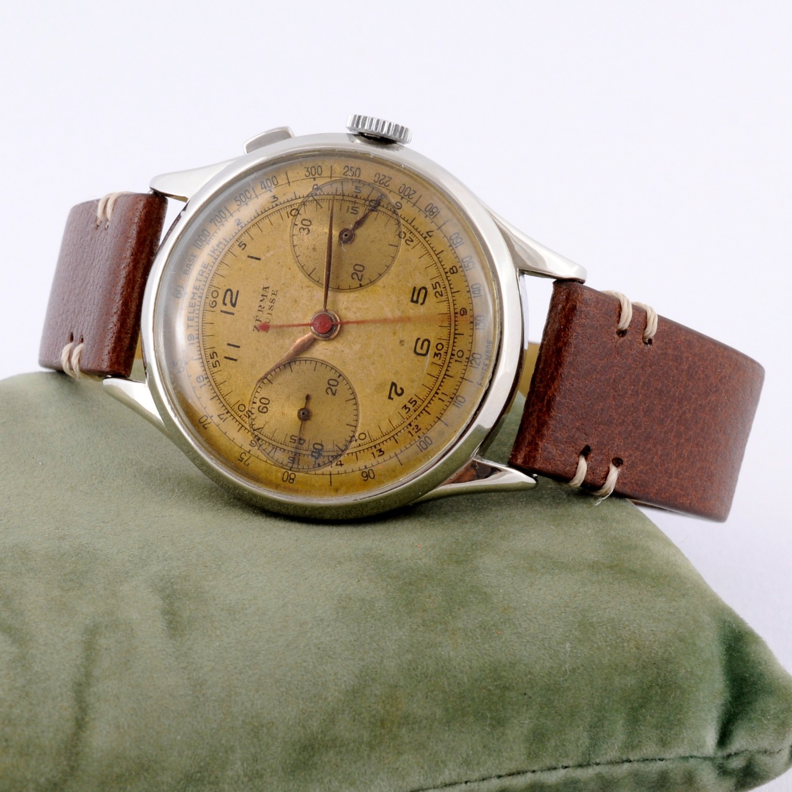 SWISS CHRONOGRAPH VALJOUX 22 MANUAL WIND ST STEEL WATCH W/ ORIGINAL VINTAGE DIAL