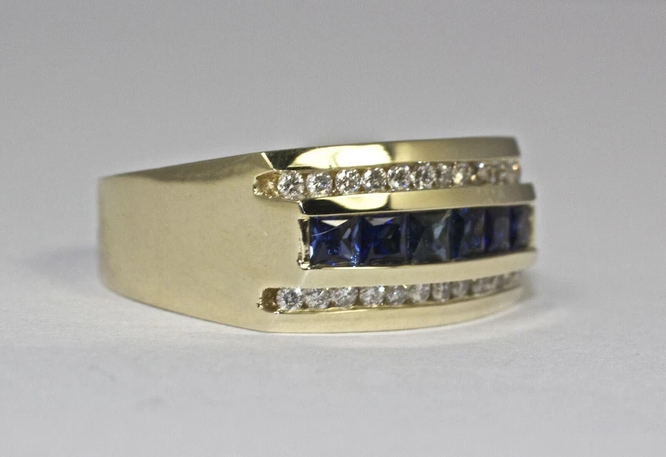 Men’s Wedding Eternity Ring Lab Grown Blue Sapphire & Diamond 14k Yellow Gold