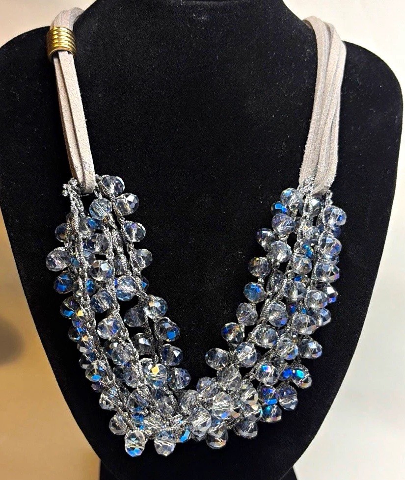 Generic Multi-Strand Blue Crystal Rondelle Beaded Statement Necklace Silver Tone