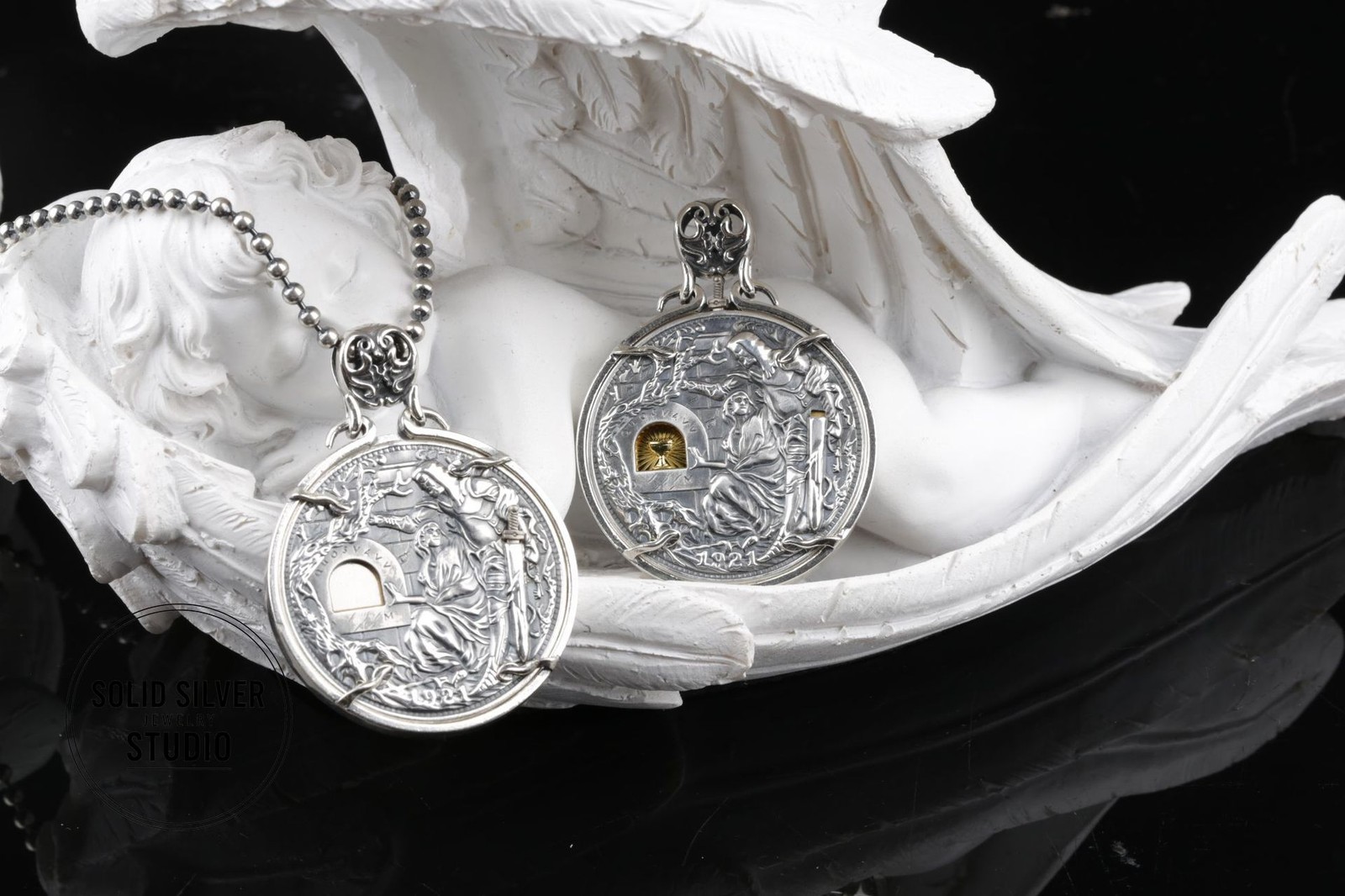 Solid S925 Sterling Silver Mechanical Hobo Coin Pendant Sword Holy Grail 40g