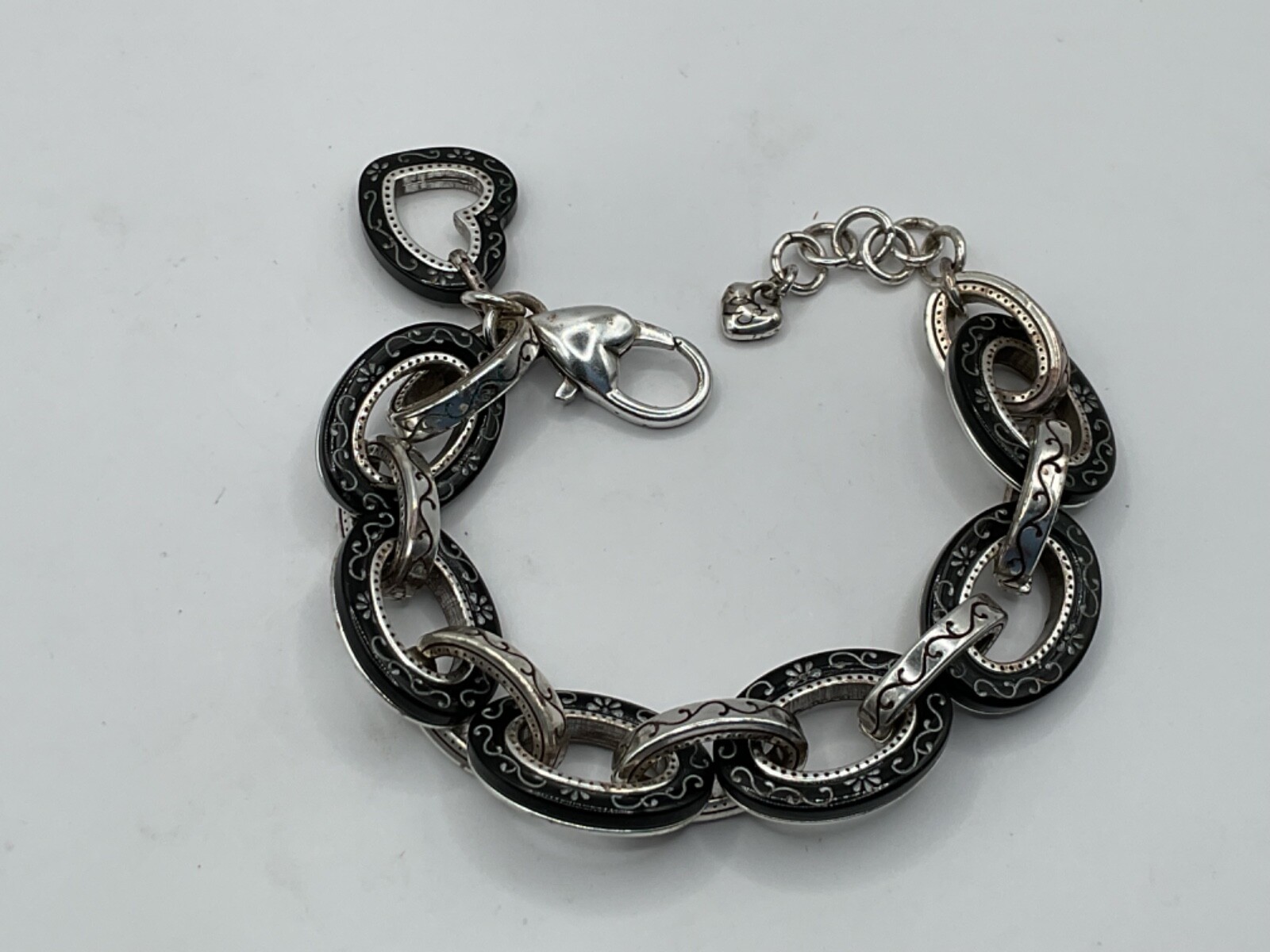 Brighton “Metro” Silver Plate Black Lucite Reversible Bracelet w Dangling Heart