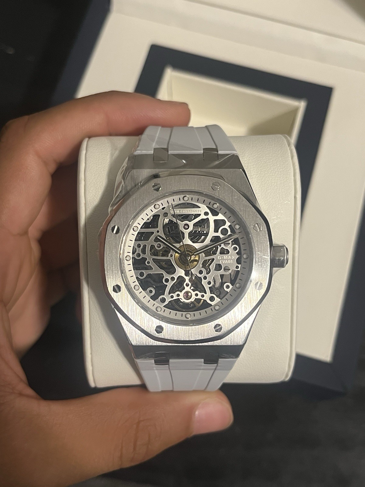 GEYA G-MAX EVA01 Skeleton Dial Automatic Men’s Watch White Rubber Strap Box