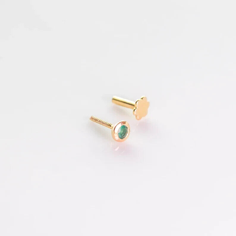 Natural 0.04Ct Emerald Tragus Helix Nose Screw Stud Piercing Pin 14K Yellow Gold