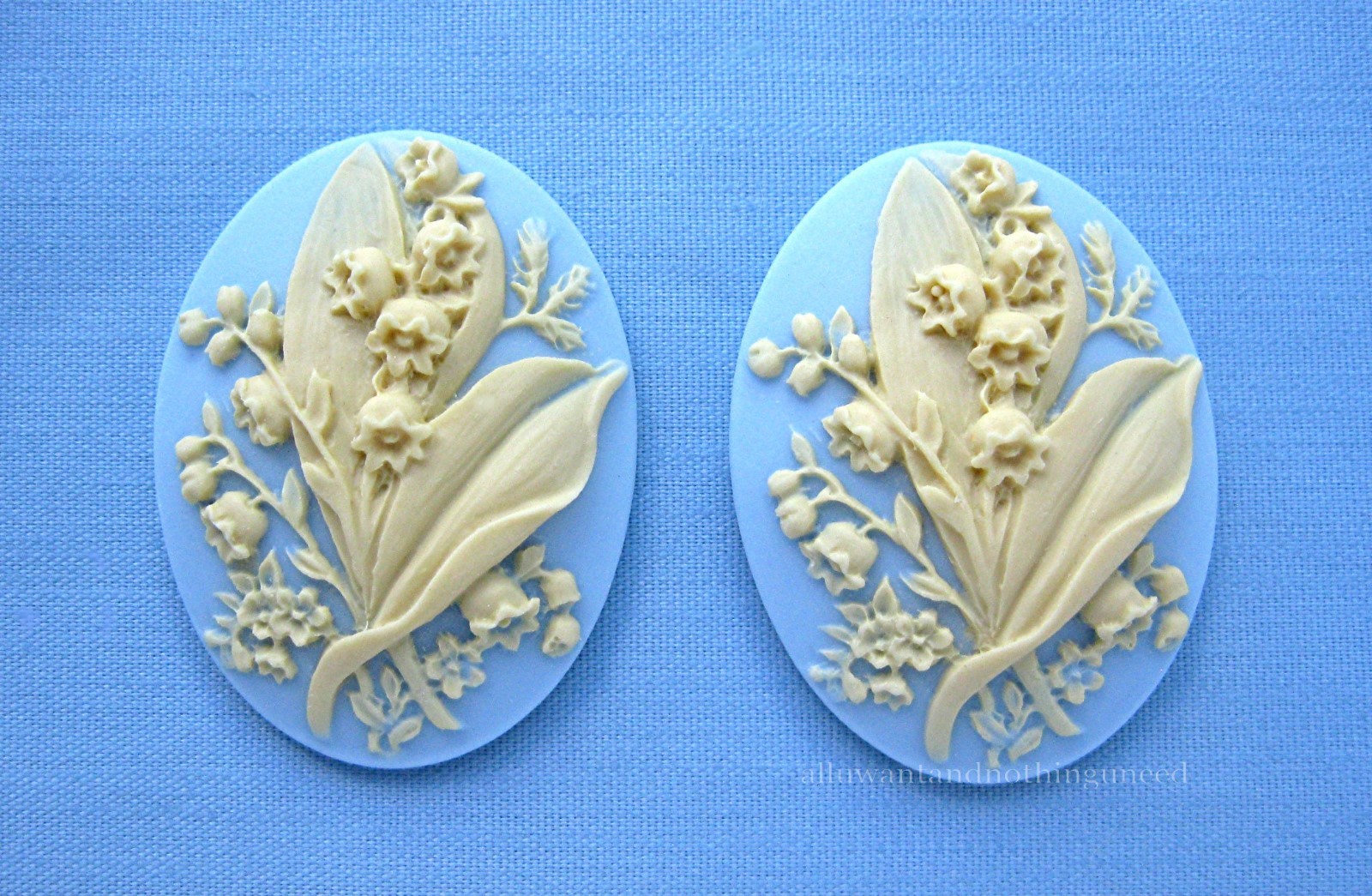 4 IVORY color LILY of the VALLEY Flower on LT Blue 40mm x 30mm CAMEOS for Crafts