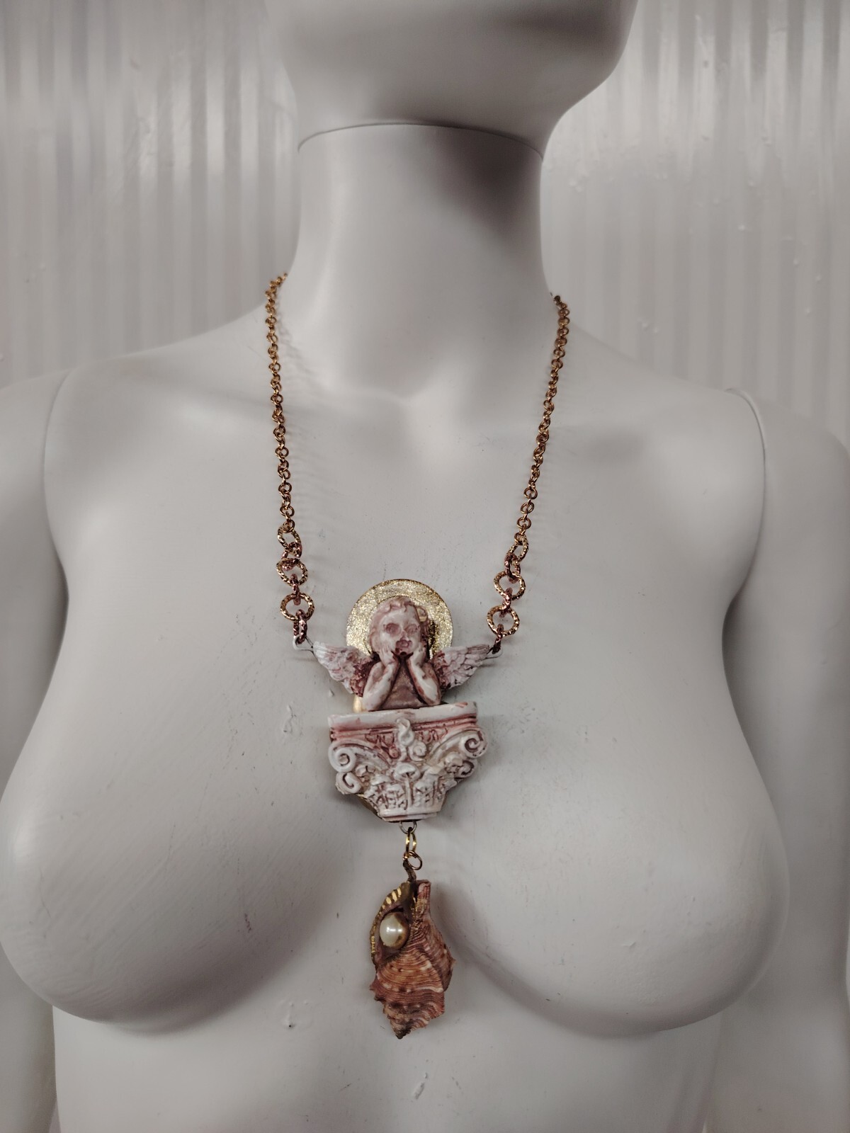 Necklace Winged Angel Cherub Talisman Baroque Pendant Amulet Shell Charm Jewelry