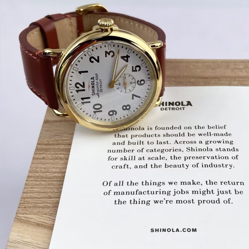 Men Shinola Runwell Argonite 1069 White Dial Gold Case Quartz Watch 47mm Leather
