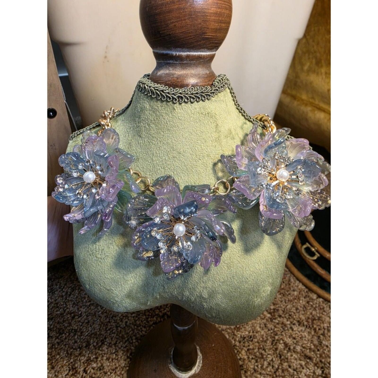 Purple and Blue 14k Gold-Plated Floral Statement Necklace and Earrings Set