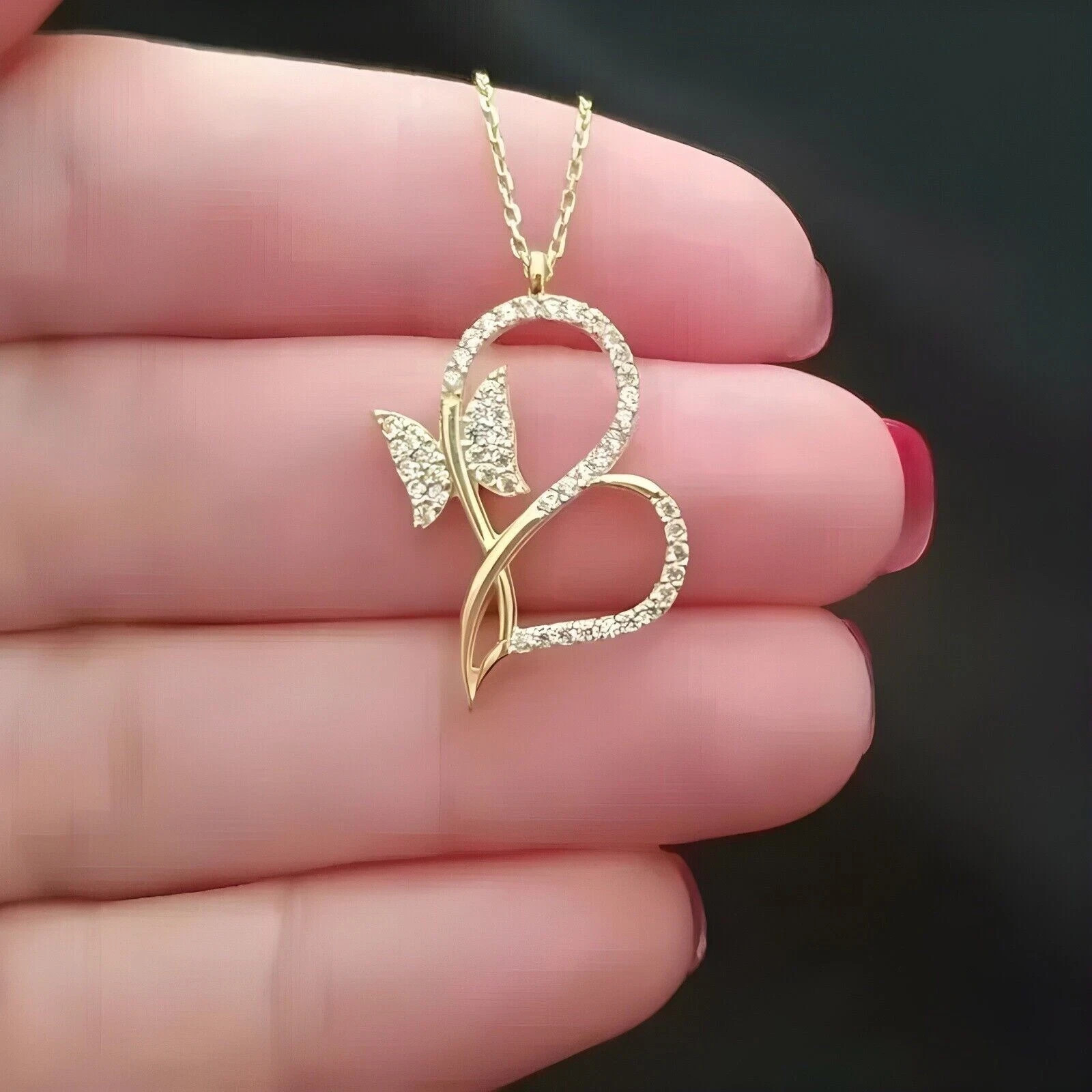 Butterfly Heart Pendant 1 Ct Round Cut Real Moissanite 14K Yellow Gold Plated