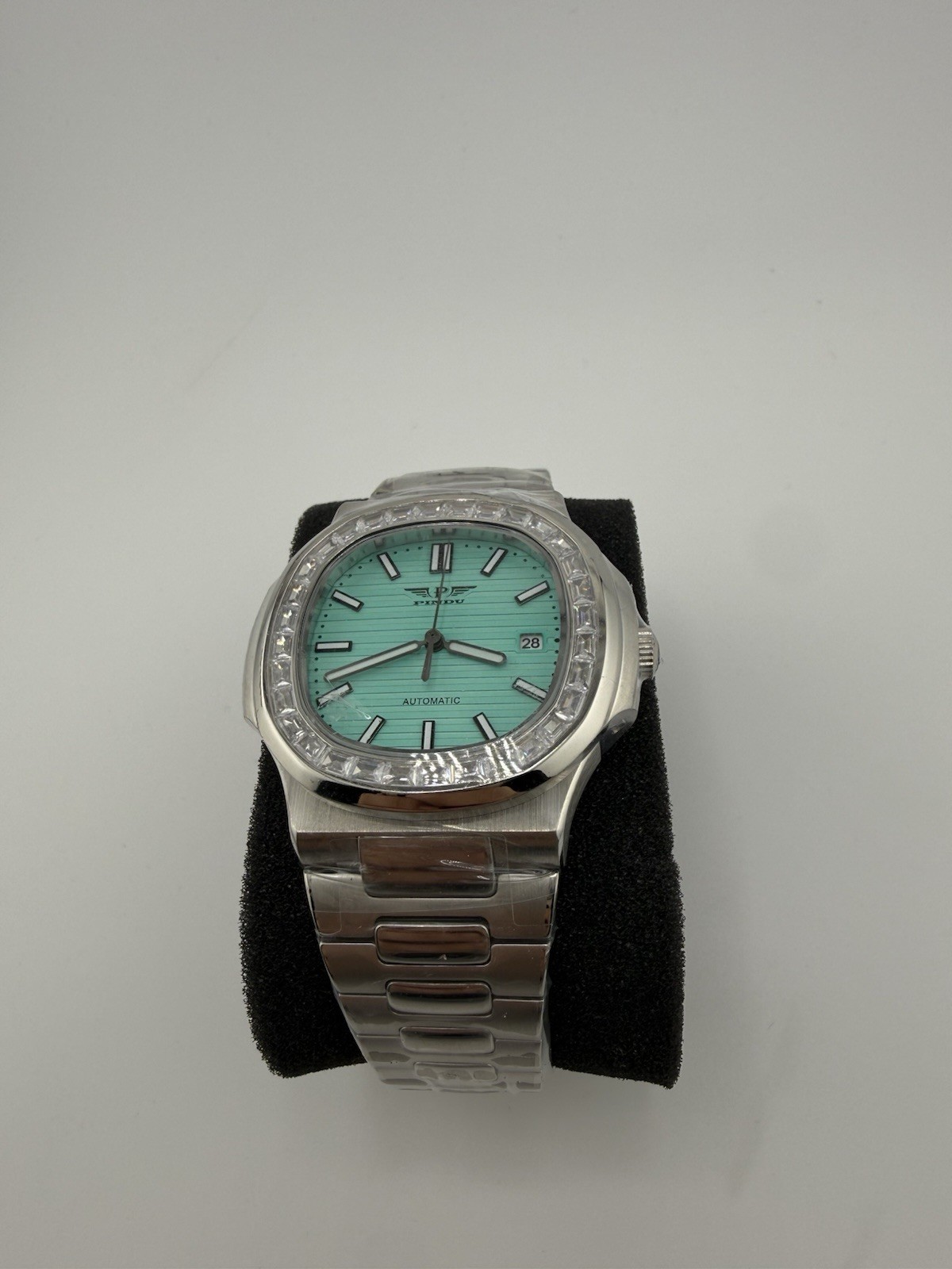 PINDU Automatic Stainless Steel Wristwatch Turquoise Dial Date Octagon