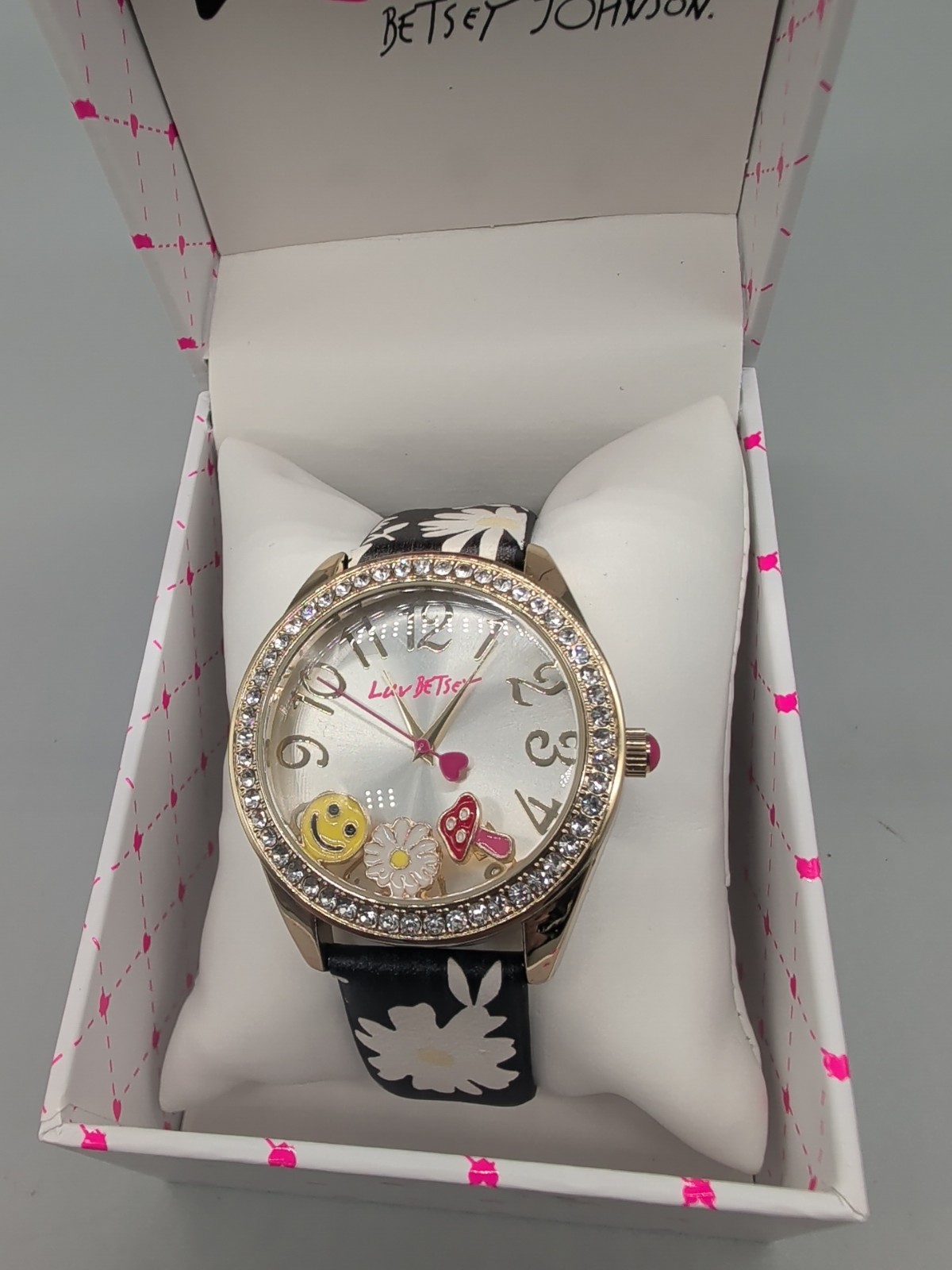 Betsey Johnson Luv Betsey Bling Watch Flower Mushroom Emoji Lthr Band New In BOX