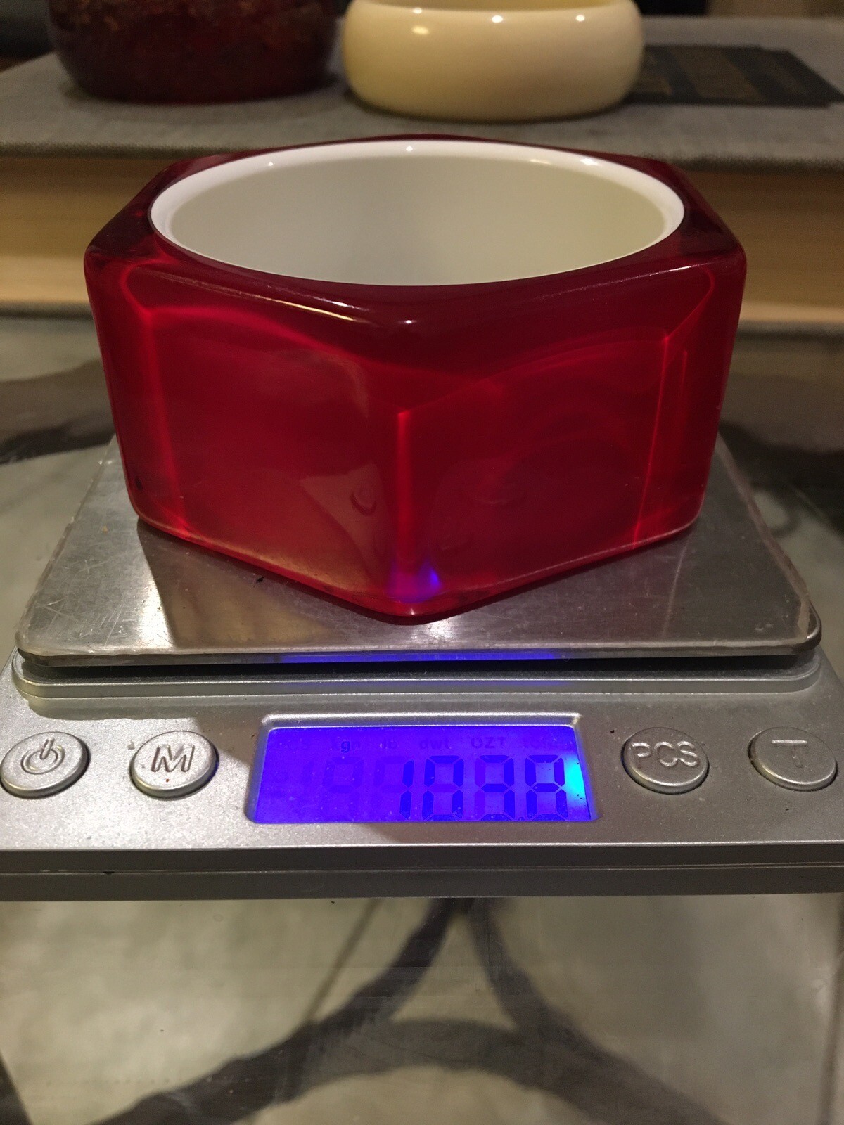 HEAVY ! Pomegranate Red Pink Hexagon Semi Translucent Vintage Lucite Prism Art