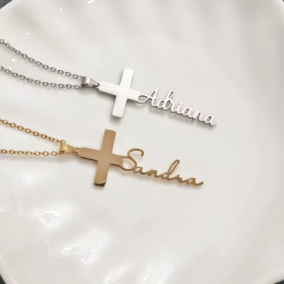 Custom Cross Name Necklace Personalized Pendant Stainless Steel Jewelry Gold
