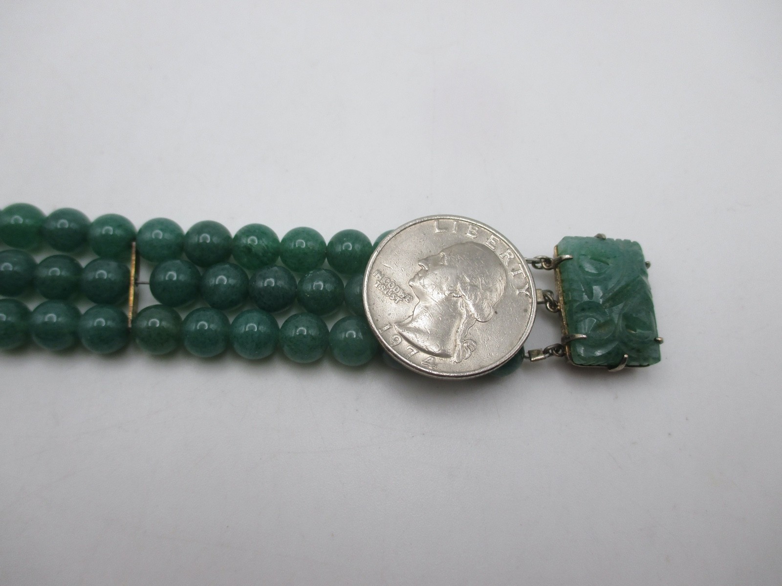 VTG Chinese Export Jade Jadeite 3 Row Beaded Bracelet Carved Flower Clasp Silver