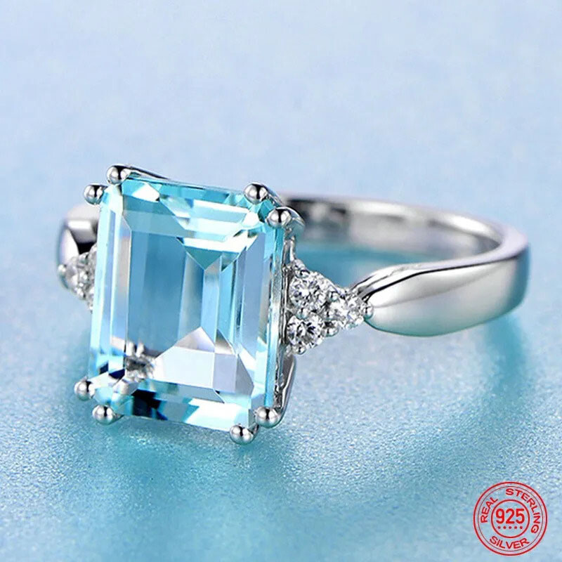 Natural Aquamarine Ring 925 Sterling Silver Turquoise Women Jewelry Size 6-10