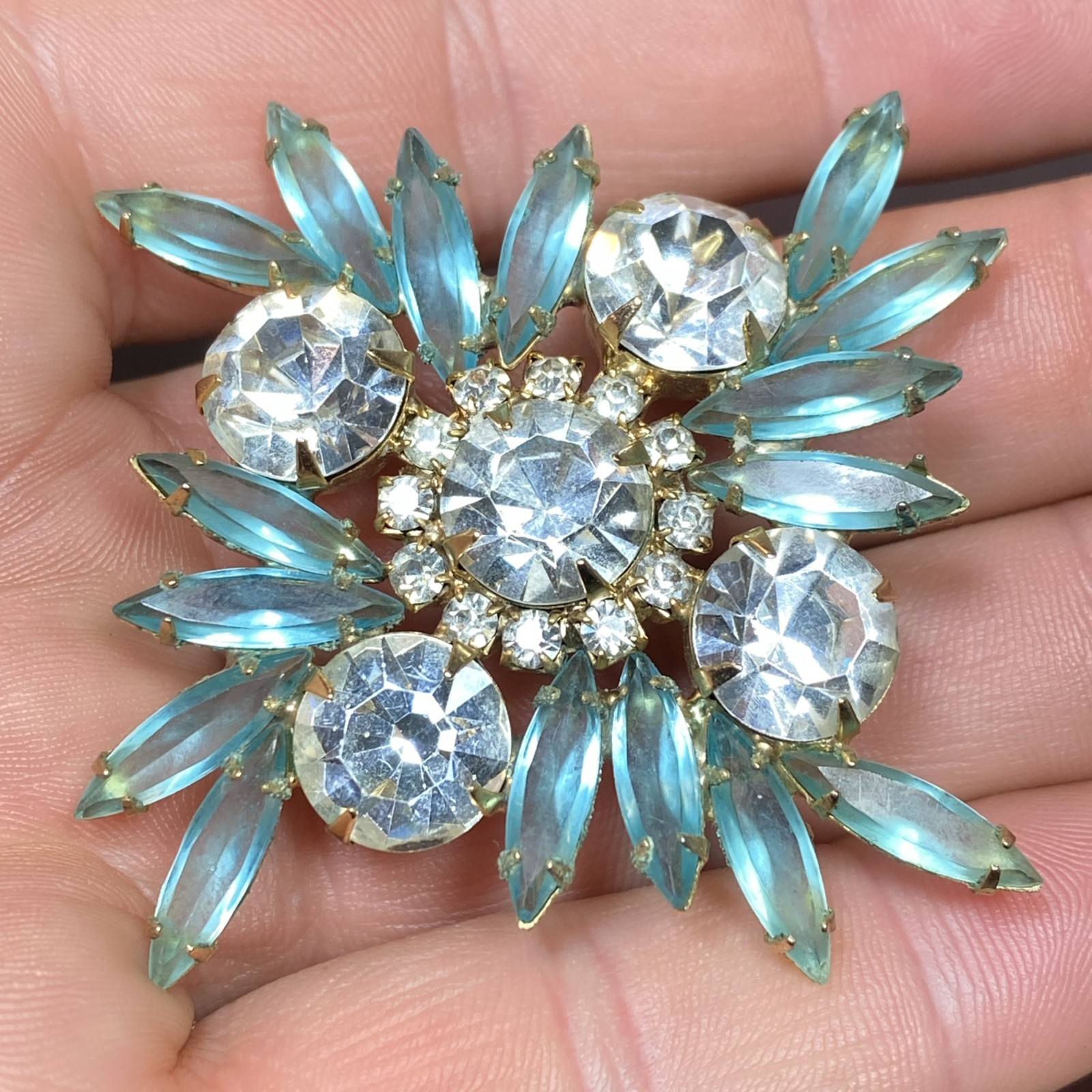 MCM Light Aqua Blue Glass Faceted Prism Rhinestones Pin Brooch 2.5” Goldtone Vtg