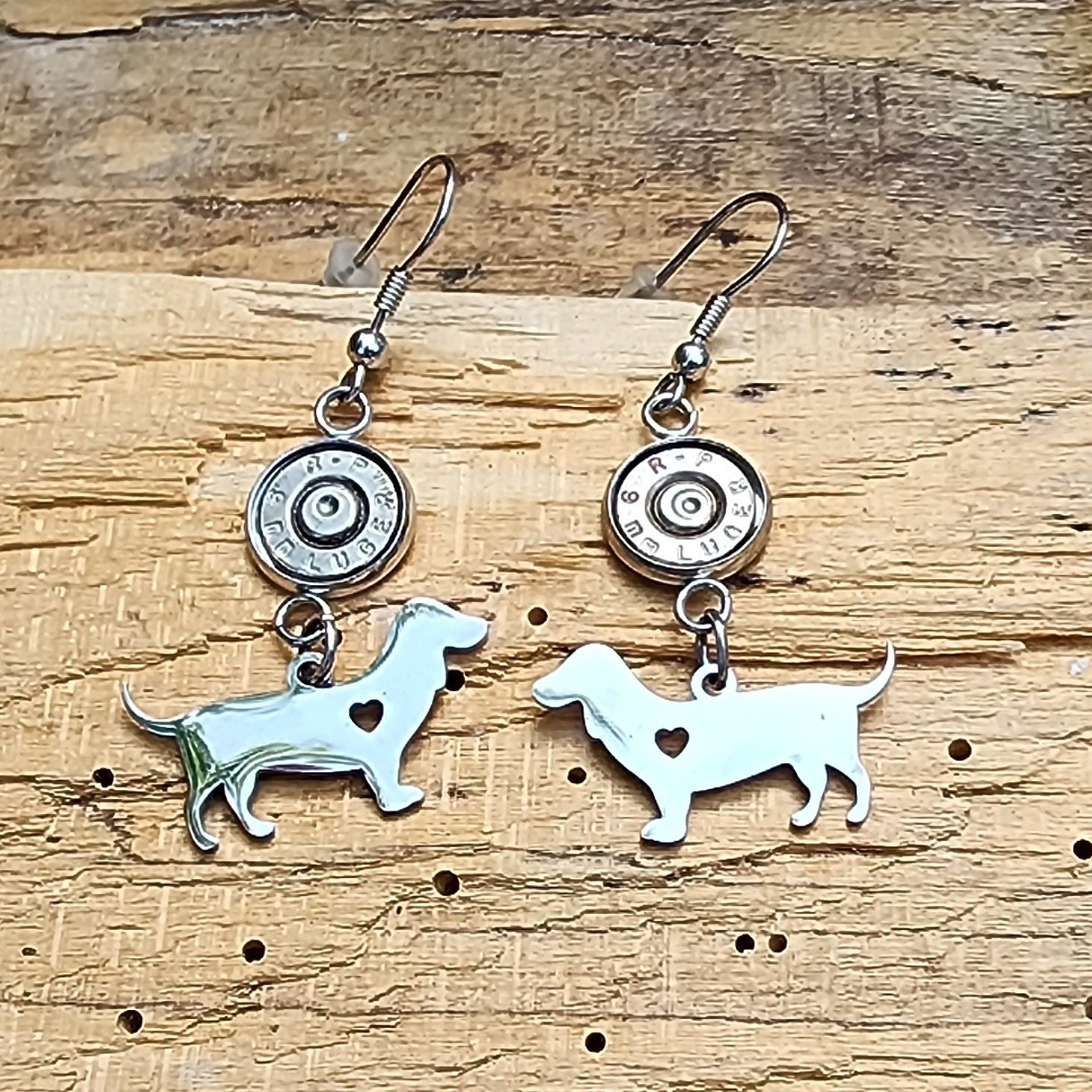 Stainless Steel Bullet Earrings with Dachshund Charms. Optional Crystals.