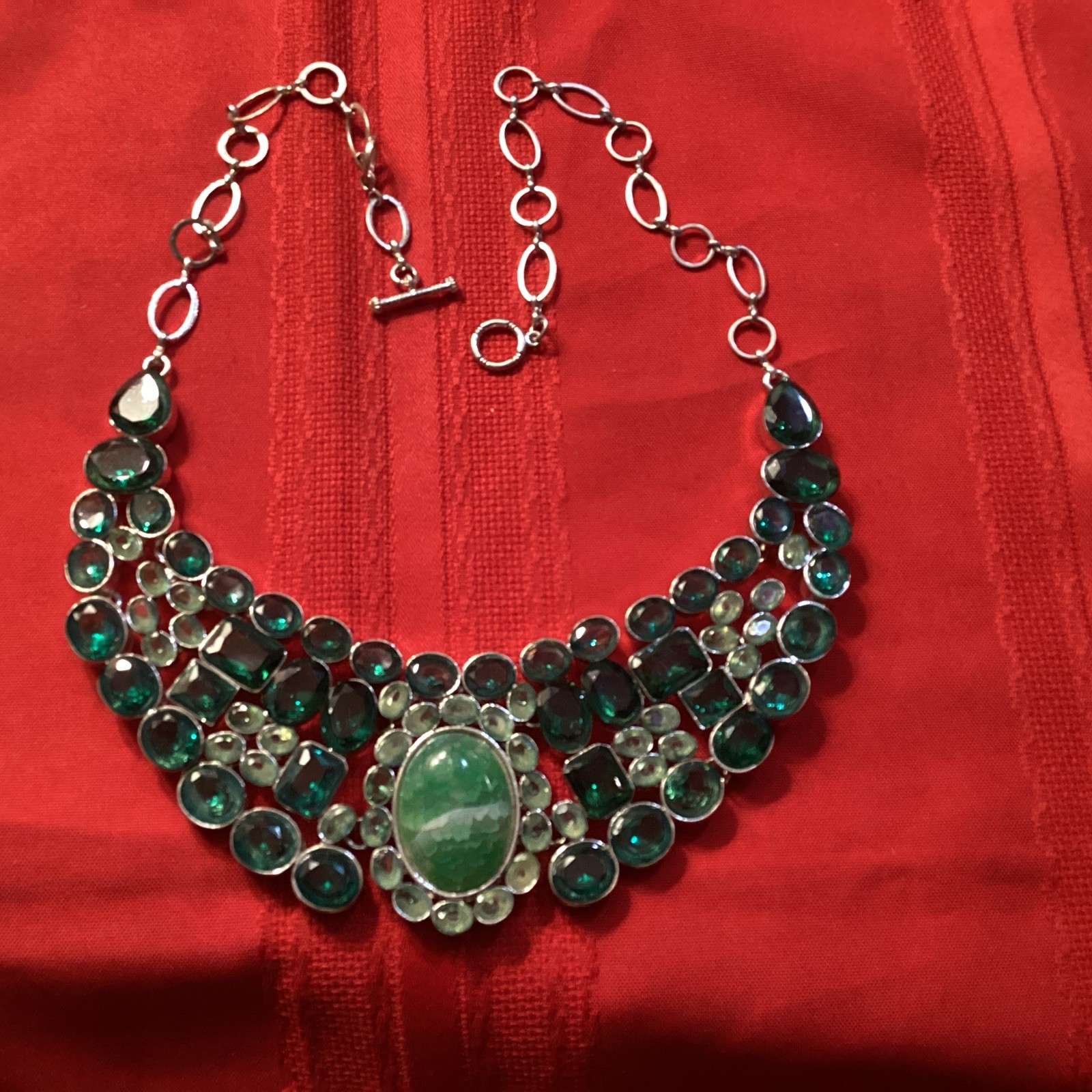 Green Stones Bib Necklace, Silver Tone Finish Gothic Collar