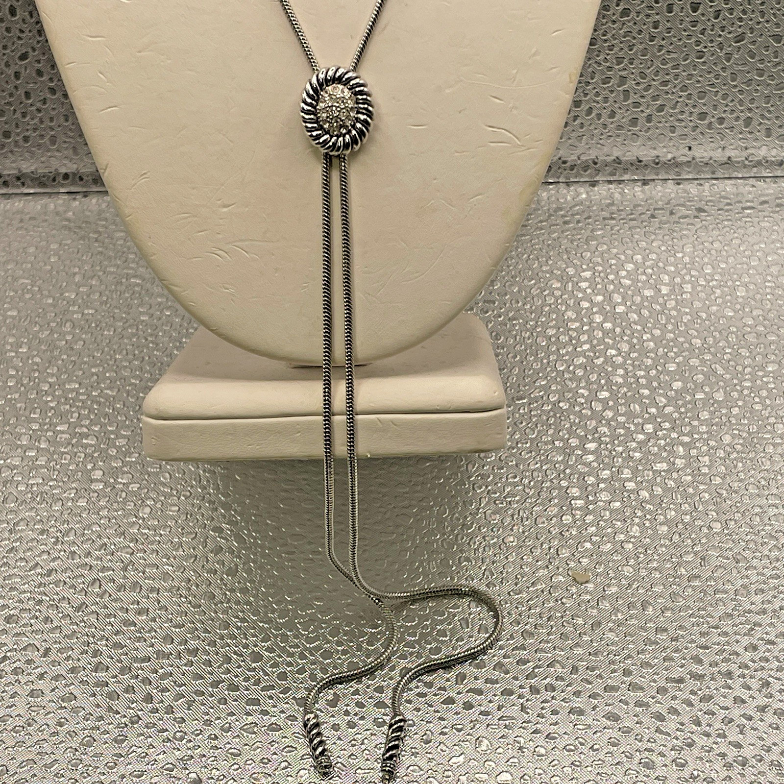 Lariat Necklace Cowgirl Pendant Slides Silver Plated Pave Rhinestone 32″