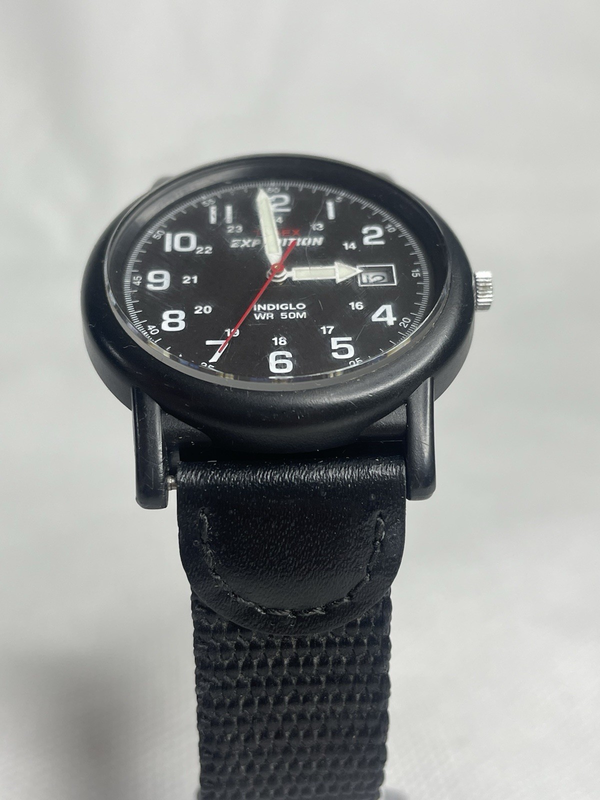 Timex Expedition Camper Watch T40011 Military Style Indiglo Black Leather Fabric