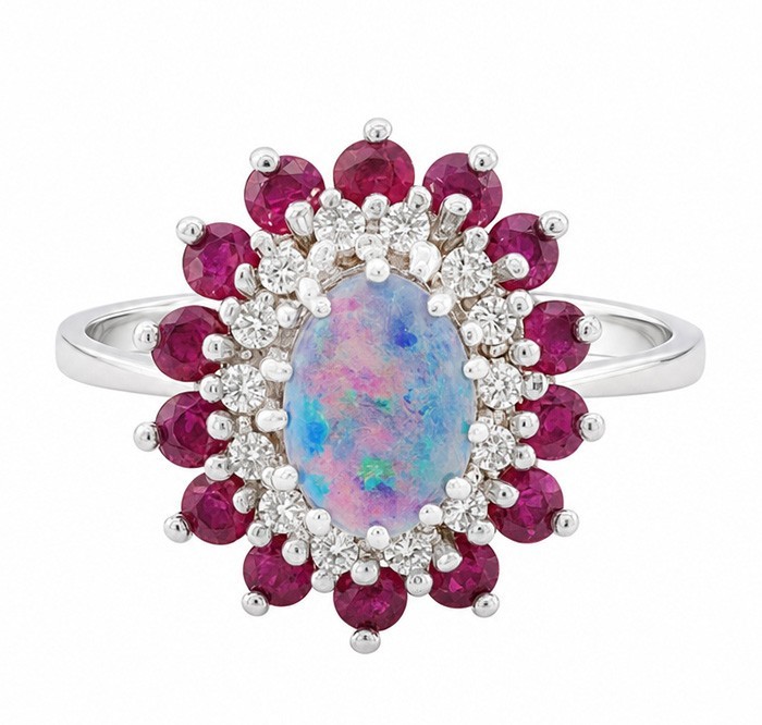 GENUINE OPAL, RUBY & DIAMOND RING SOLID 14K WHITE GOLD – New With Tag