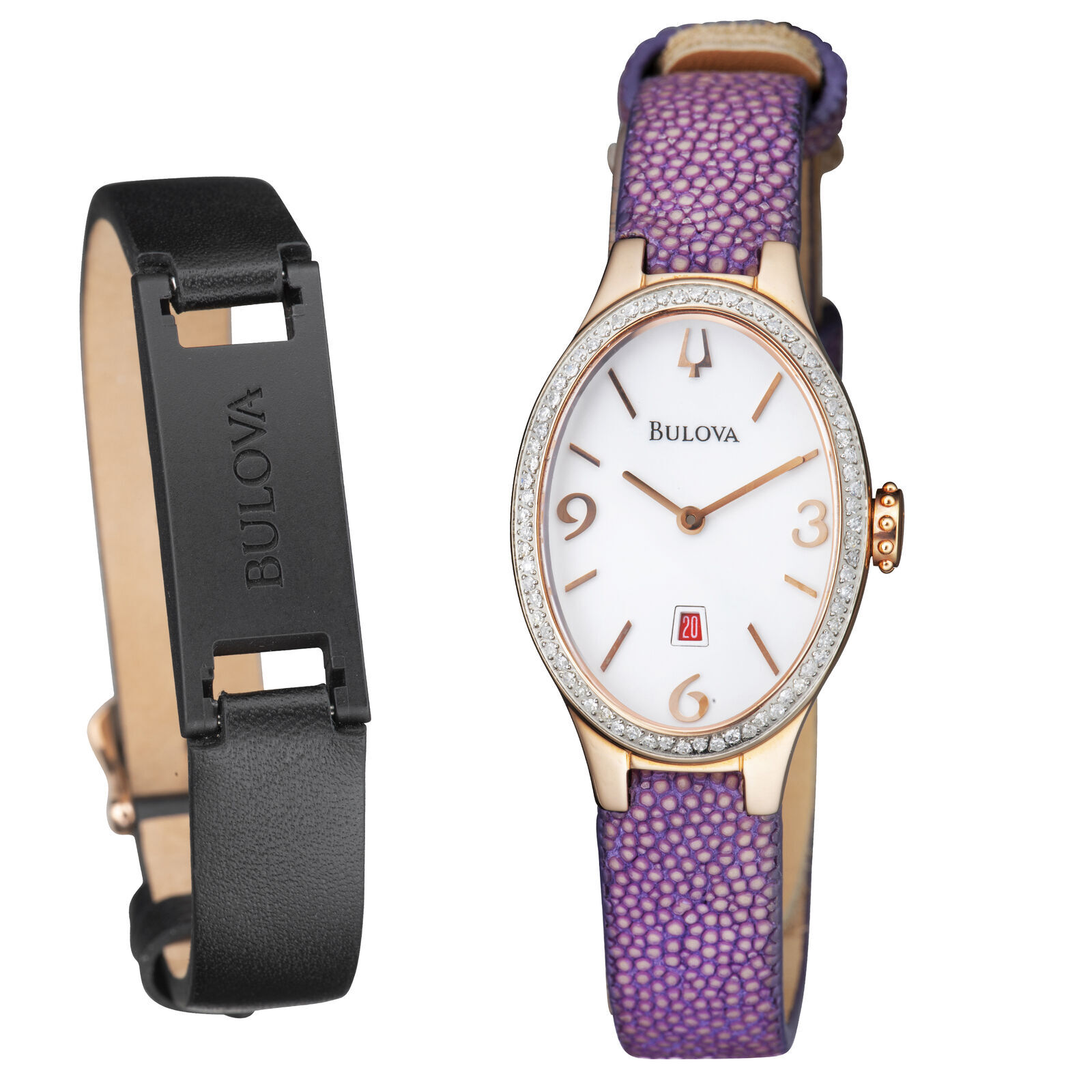 Bulova Women’s 25mm Rose Gold Diamond Bezel Purple Stingray Leather Watch 98R198