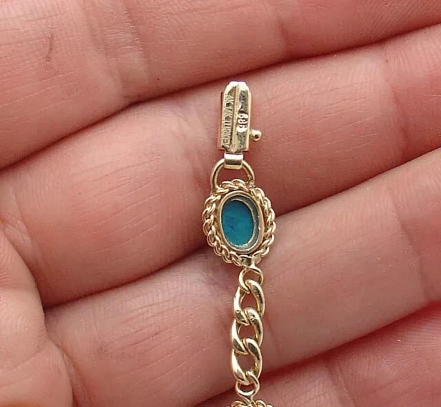 Natural Turquoise Gemstone Tennis Curb Link Bracelet 925 Silver14k Yellow gold P
