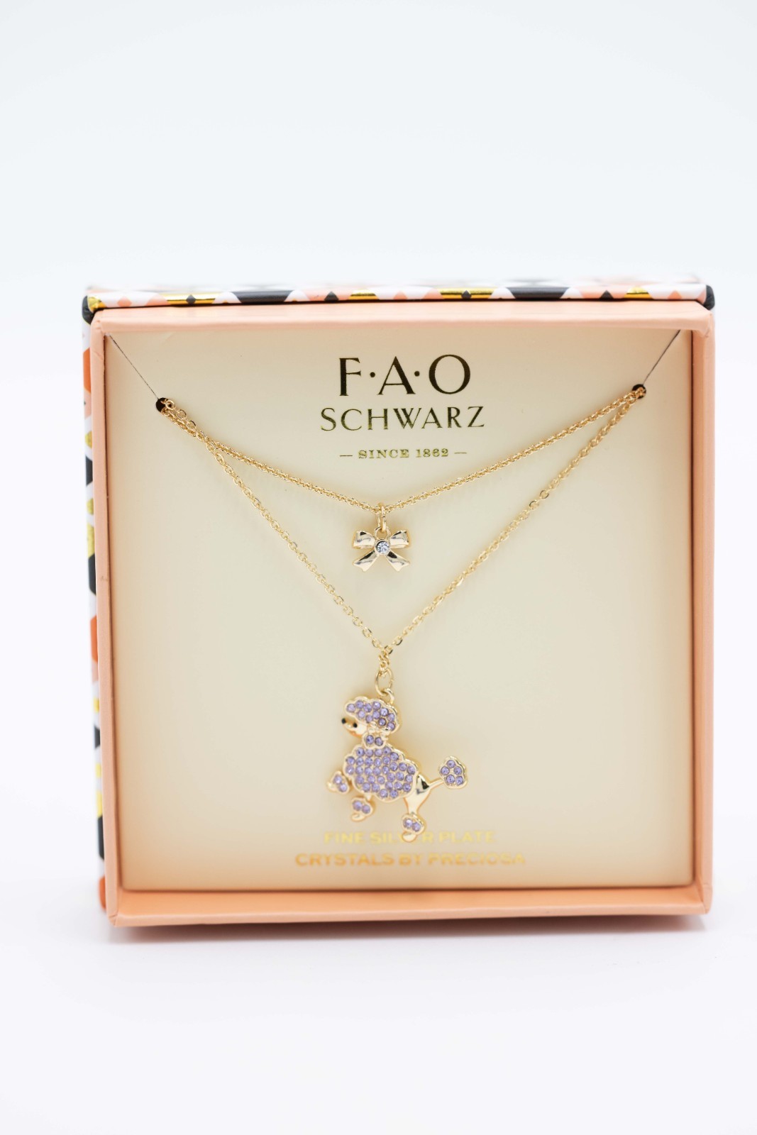 FAO Schwarz Gold Tone Heart Necklace Poodle Rhinstone Set NIB