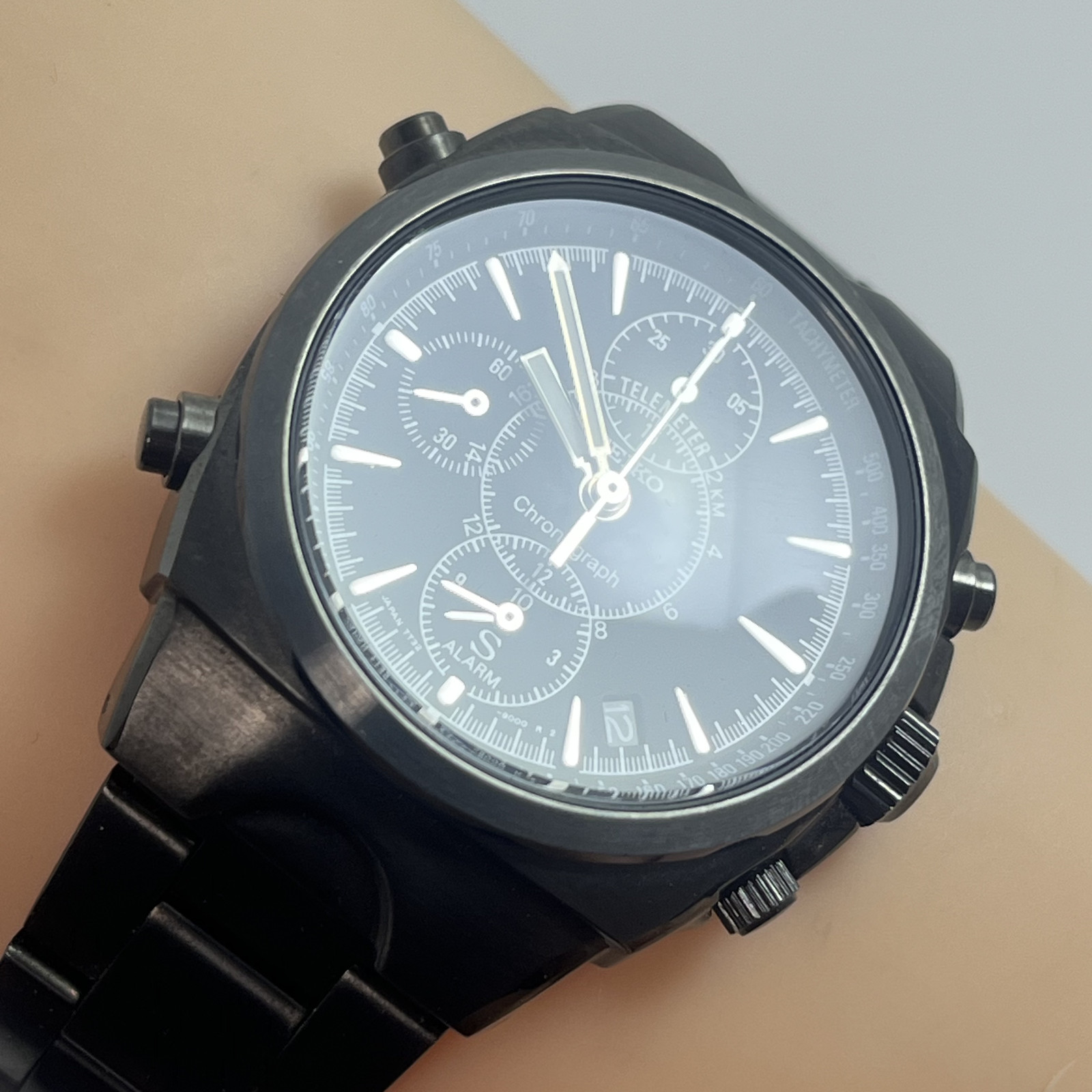 Seiko SUS Black Alarm Chronograph 7T32-9000 Quartz Japan Date Vintage Rare #743B