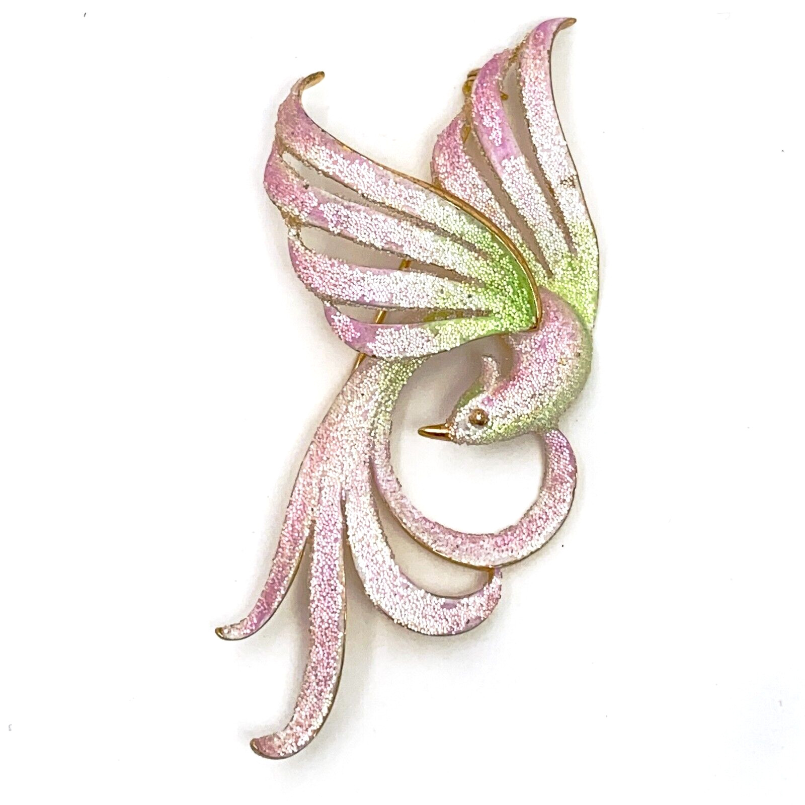Vintage Brooch Bird of Paradise Pin Pink Green Coralene Sugar Glass Enamel