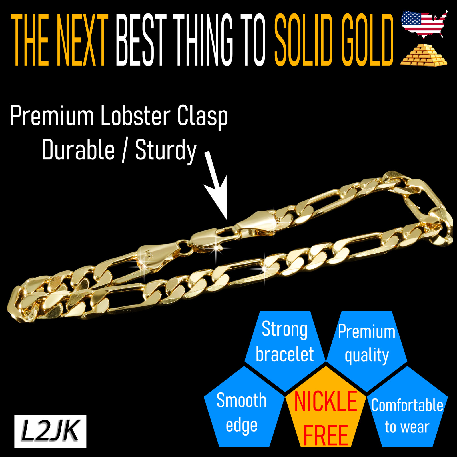 Figaro Bracelet Solid Chain 14K Gold Plated 4mm – 8″Inch Men’s Hip Hop Fashion