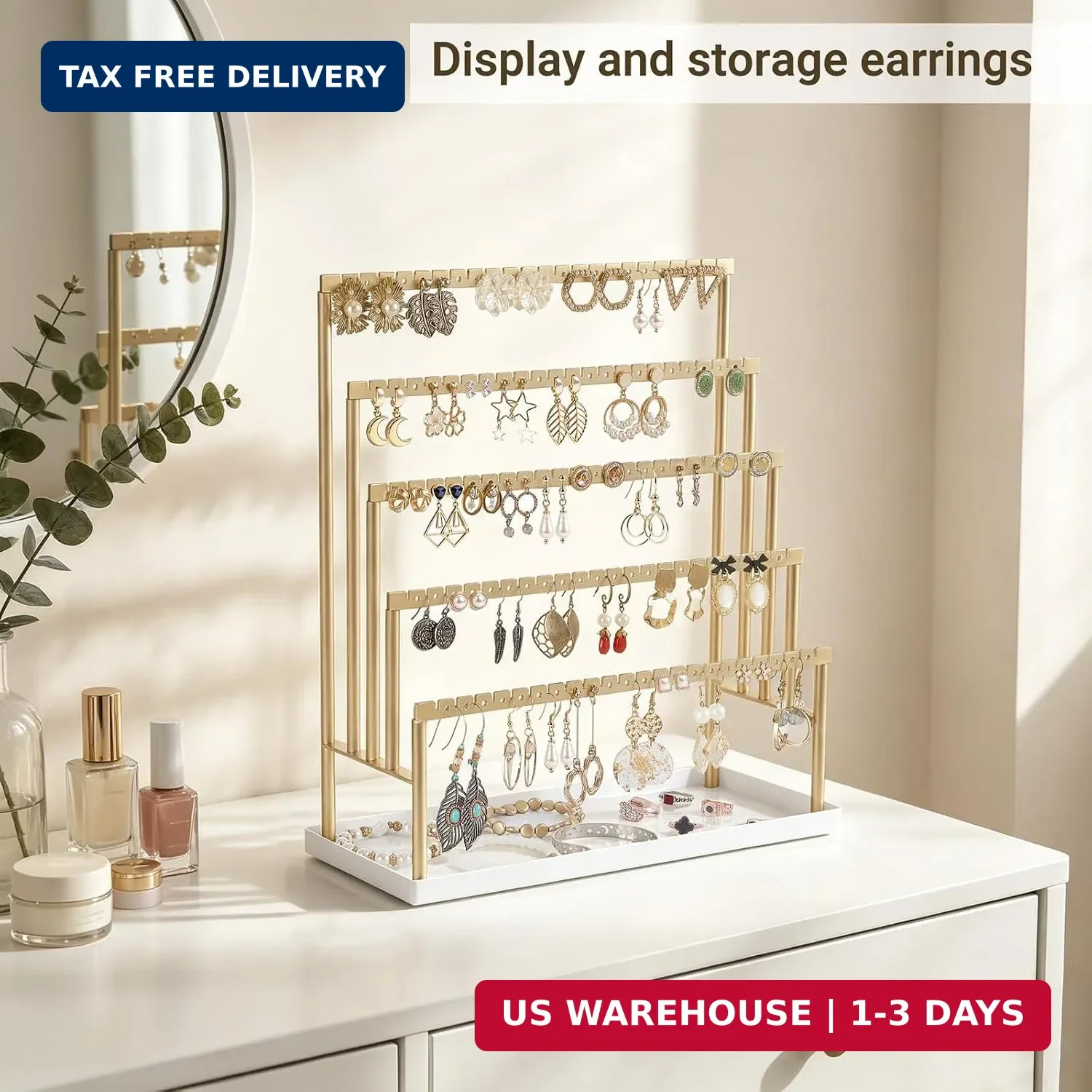 Mkono 5-Tier Earring Holder Organizer, Gold Jewelry Display Stand with Tray | 11