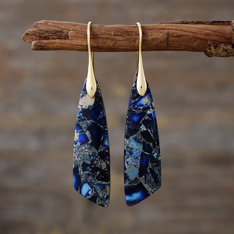 Blue Sea Sediment Jasper Women Healing Stone Dangle Drop Earrings Gift for her