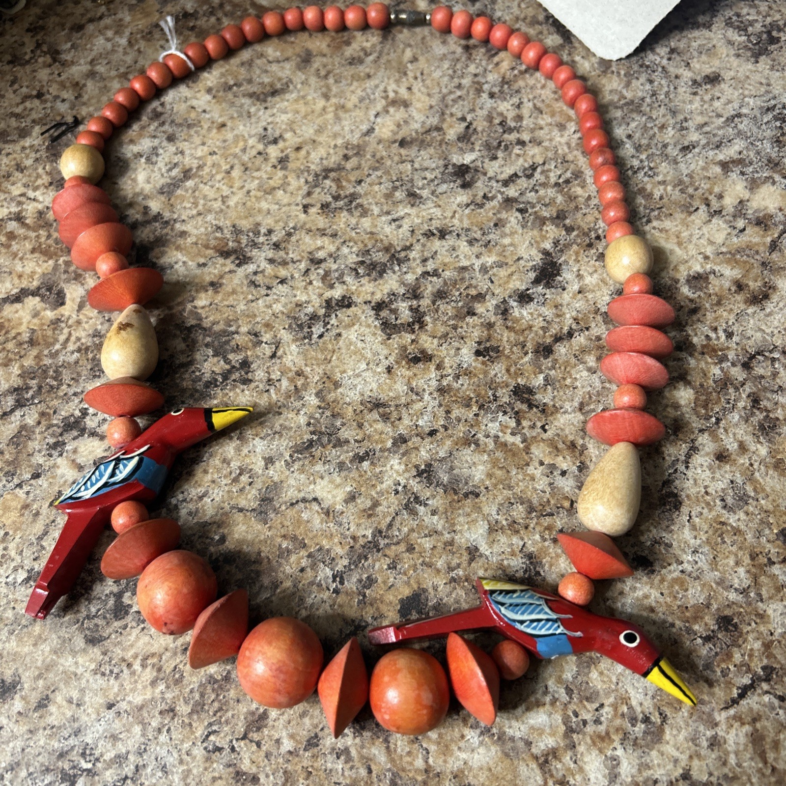 Vintage Bohemian Hand Carved & Hand Painted Tropical Parrots Wooden Necklace