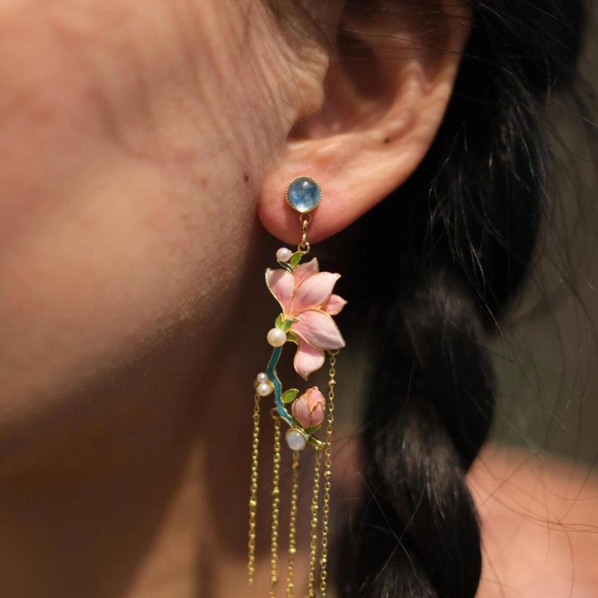 New Blue Enamel Magnolia Stud Earrings Chinese Ethnic