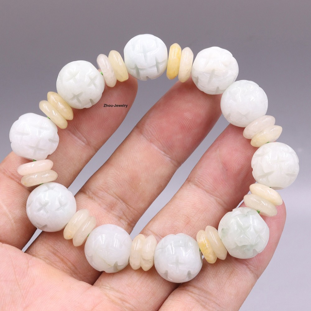 Natural Grade A Jade 14mm Carved Bead Handmade Women Men Elastic Bracelet
