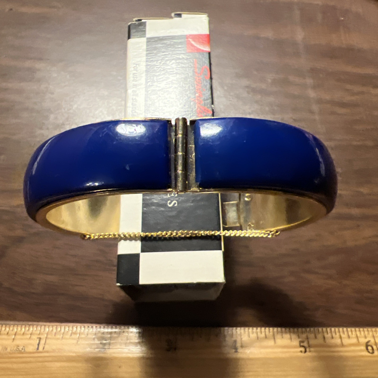 Vintage Blue Enamel Hinged Bangle Bracelet Gold Tone With Safety Chain