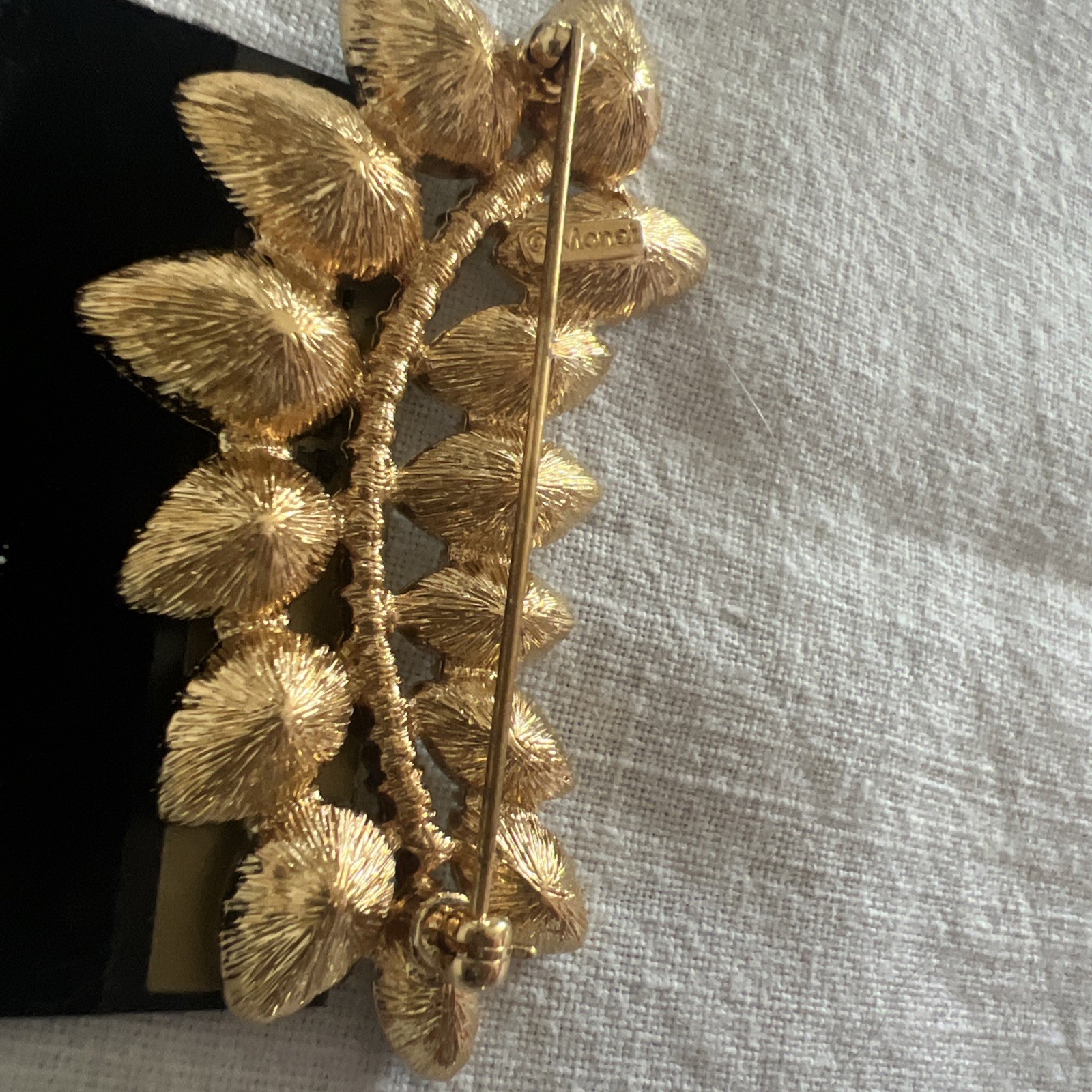 Vtg Signed Monet Gold Tone Leaf White Rhinestones Brooch Statement Pin 2 5/8 in