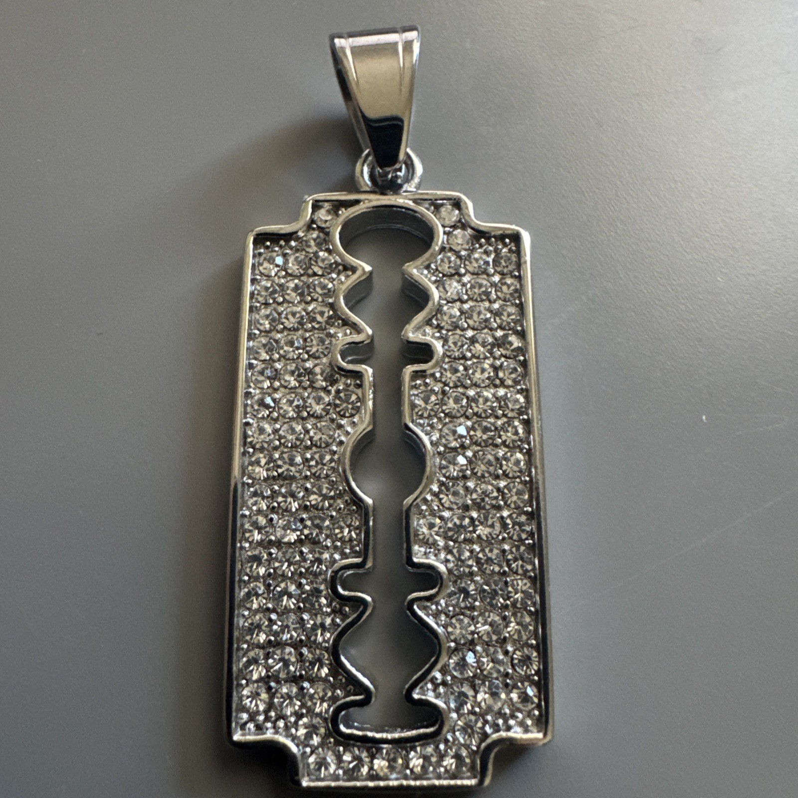 Blade Pendant Silver Plated Cubic Zirconia Stainless Steel 24 Inch Chain Razor