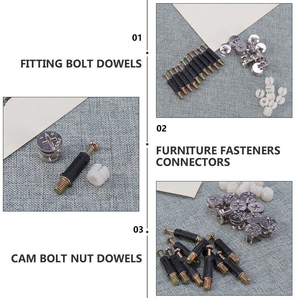 24 Sets Durable Cam Bolt Nut Dowels Furniture Fasteners Plastic Zinc Alloy Metal