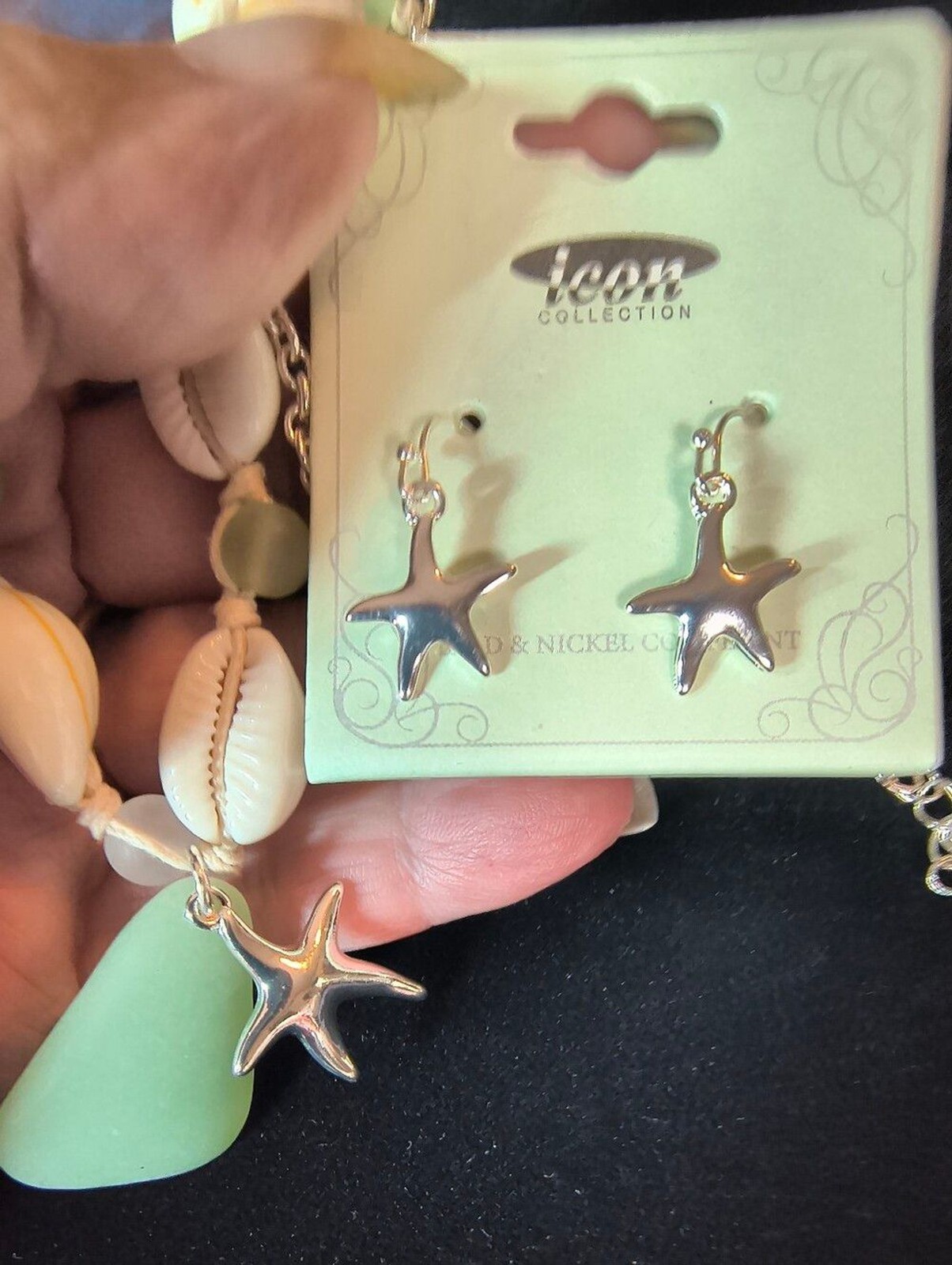 Icon Collection Sea Glass Cowrie Shell Starfish Necklace Earring Set Coastal