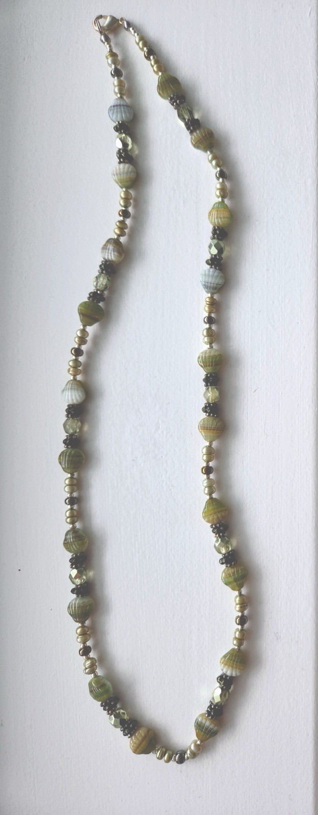 Handmade Beaded Necklace with Czech Scallop Beads and Multicolor Accents 22 Inch