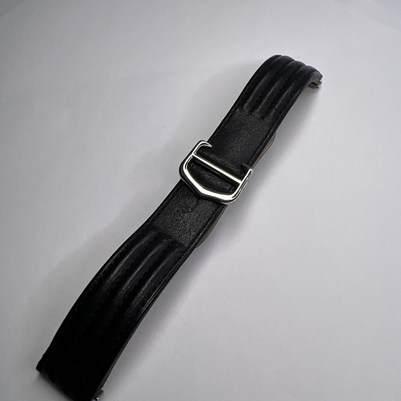 19mm Cartier Black Ridged Leather Strap Band 18mm Steel Foldover Deployant Clasp