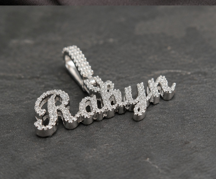 2Ct Moissanite Rakyn Name Pendant – 14K White Gold Plated Iced Out Unisex Charm