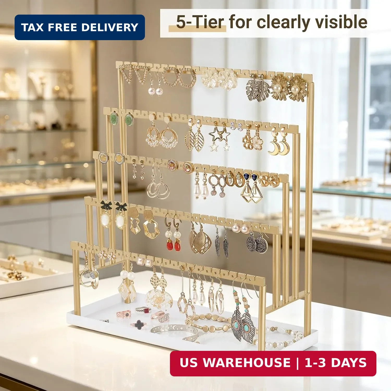 Mkono 5-Tier Earring Holder Organizer, Gold Jewelry Display Stand with Tray | 11