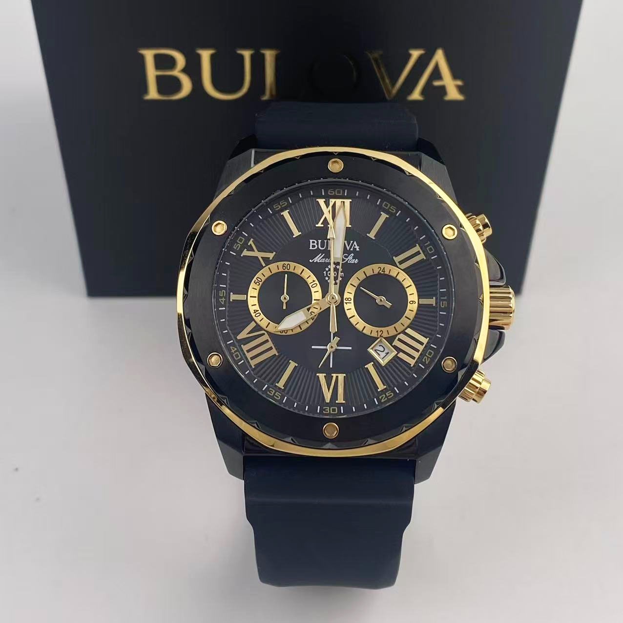 New Bulova Marine Star -98B278- Men’s Chronograph Quartz Watch Black Dial 44 mm